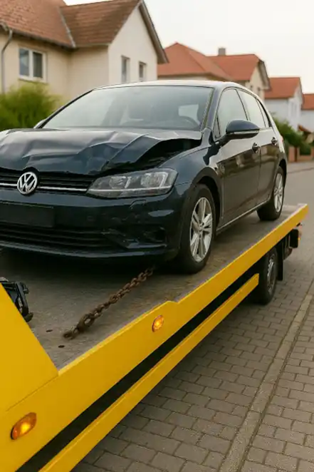 Ein defektes Auto, das in Mönchengladbach professionell abgeschleppt wird, um es beim Autoankauf zu bewerten.