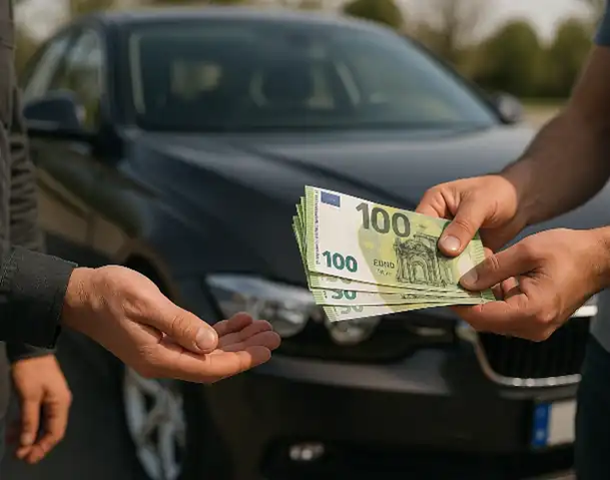 Ein zufriedener Kunde erhält beim Autoankauf in Mönchengladbach eine Barkaufzahlung für sein Fahrzeug.